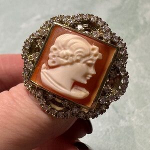 Amedeo Elegant Cameo Ring with Gold Tone Hardware Pave Accents